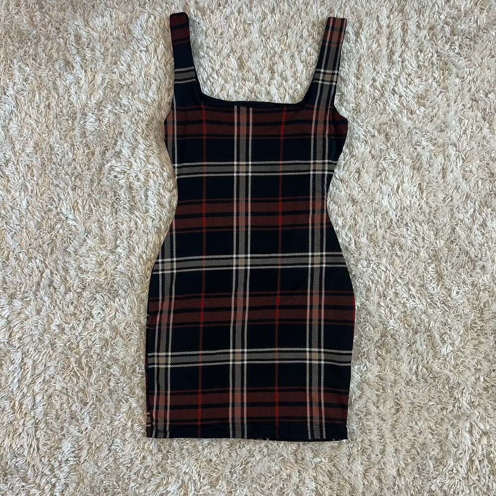 epiphany Square Neck Plaid Bodycon Mini Dress